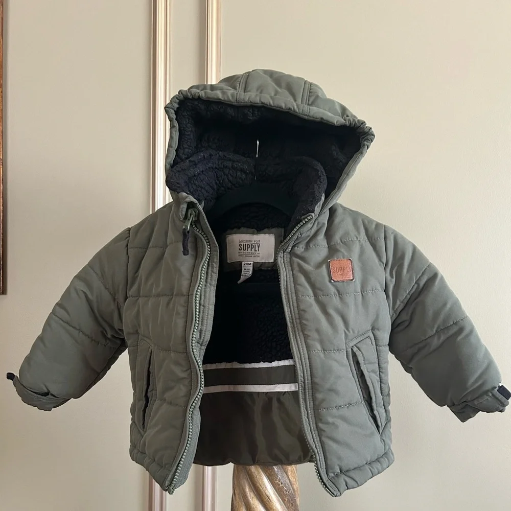 London Fog Boys Sherpa Lined Olive Green Puffer Jacket 24M